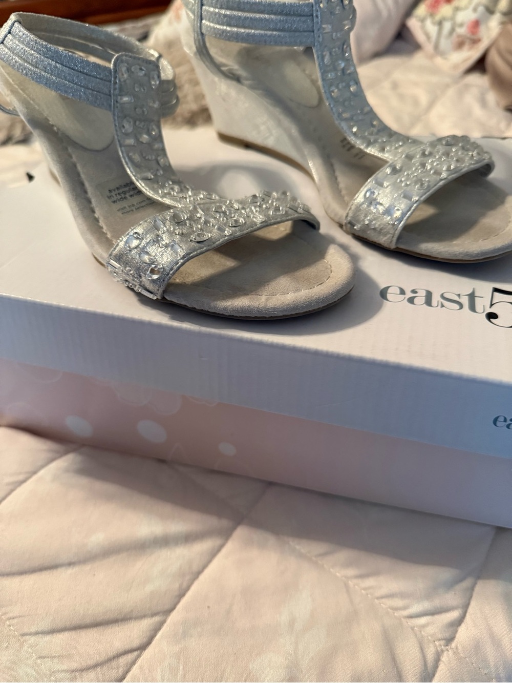 East 5th Silver Jeweled Wedge Sandals